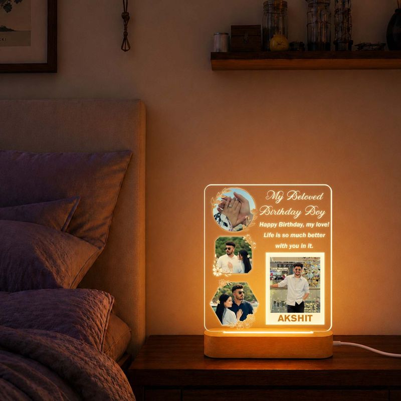 Personalized Birthday Boy LED Acrylic Photo Frame with Wooden Base  Birthday Night Light Gift for Men, Husband, Boyfriend, Fiancé & Soulmate – Romantic Bedroom Decor Table Lamp